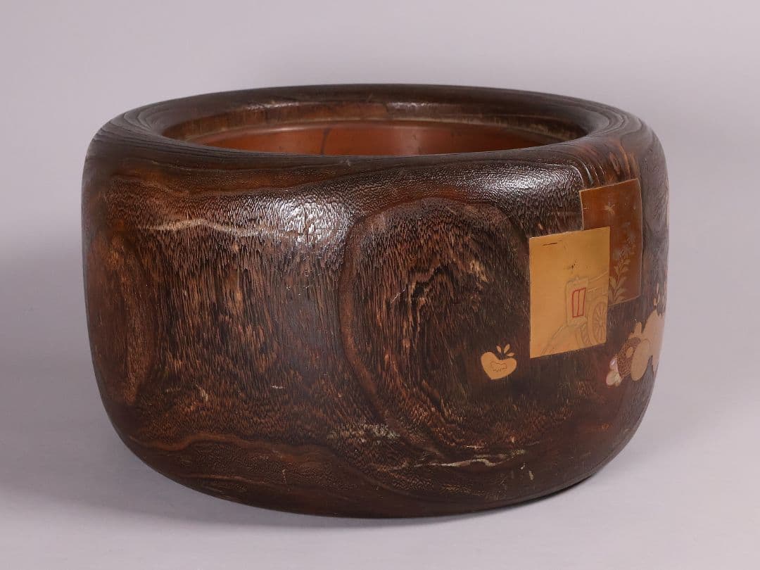 尺参 桐火鉢 金蒔絵 螺鈿細工 幅38.8cm 桐紋 菊 草花 扇面【MB31】