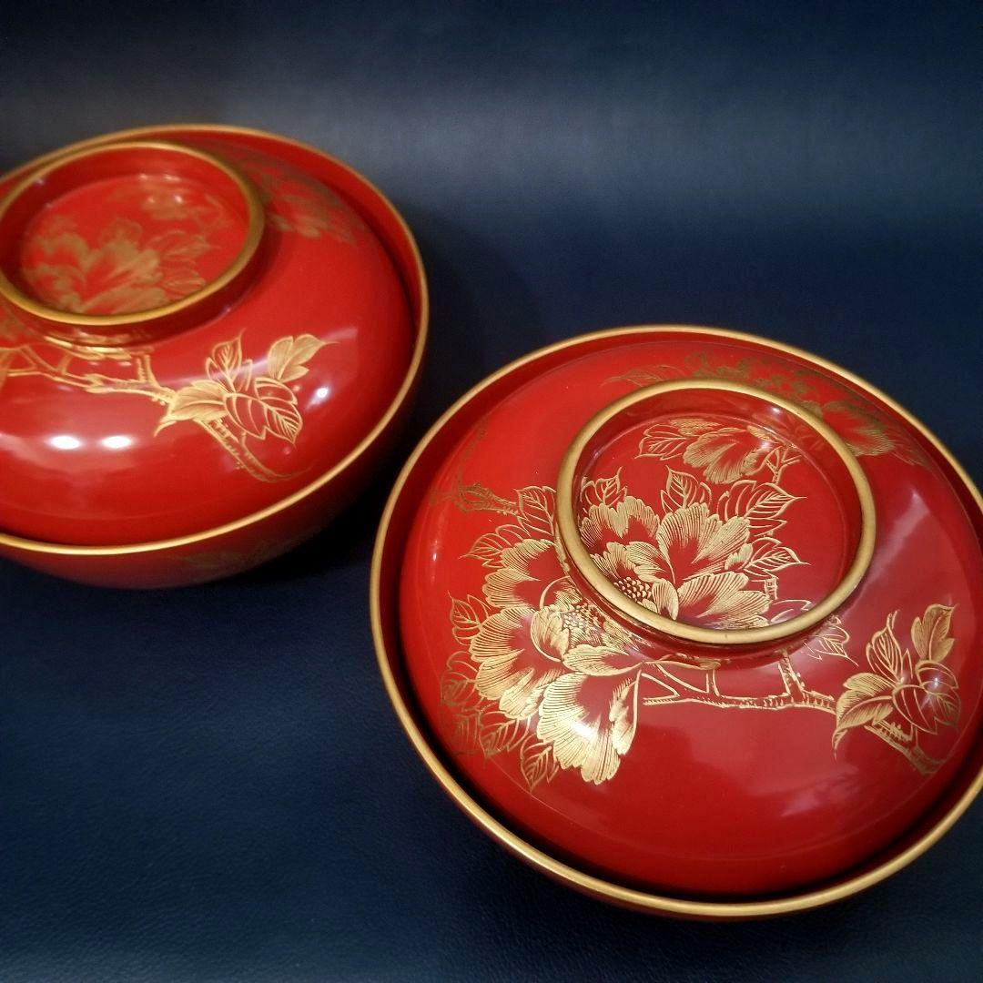 yuki 木製 吸物椀 朱塗 沈金牡丹花文 吸物椀 煮物椀 懐石椀 4客