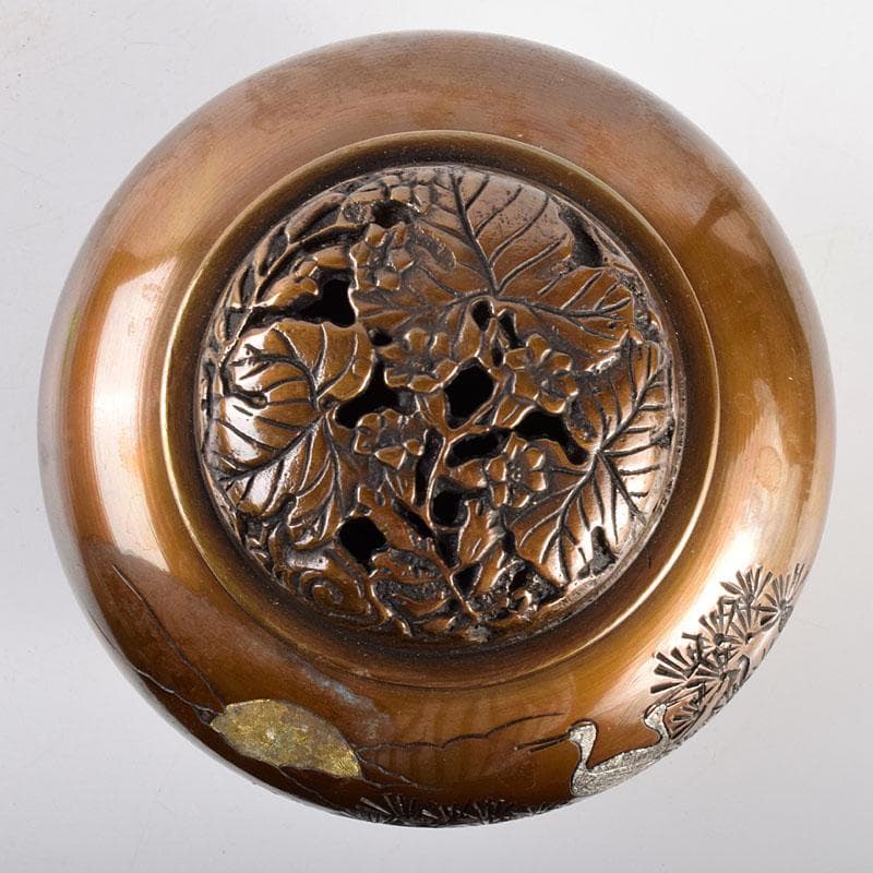 高岡銅器　旭峰造　鋳銅象嵌　松鳥文　香炉　M　R4886