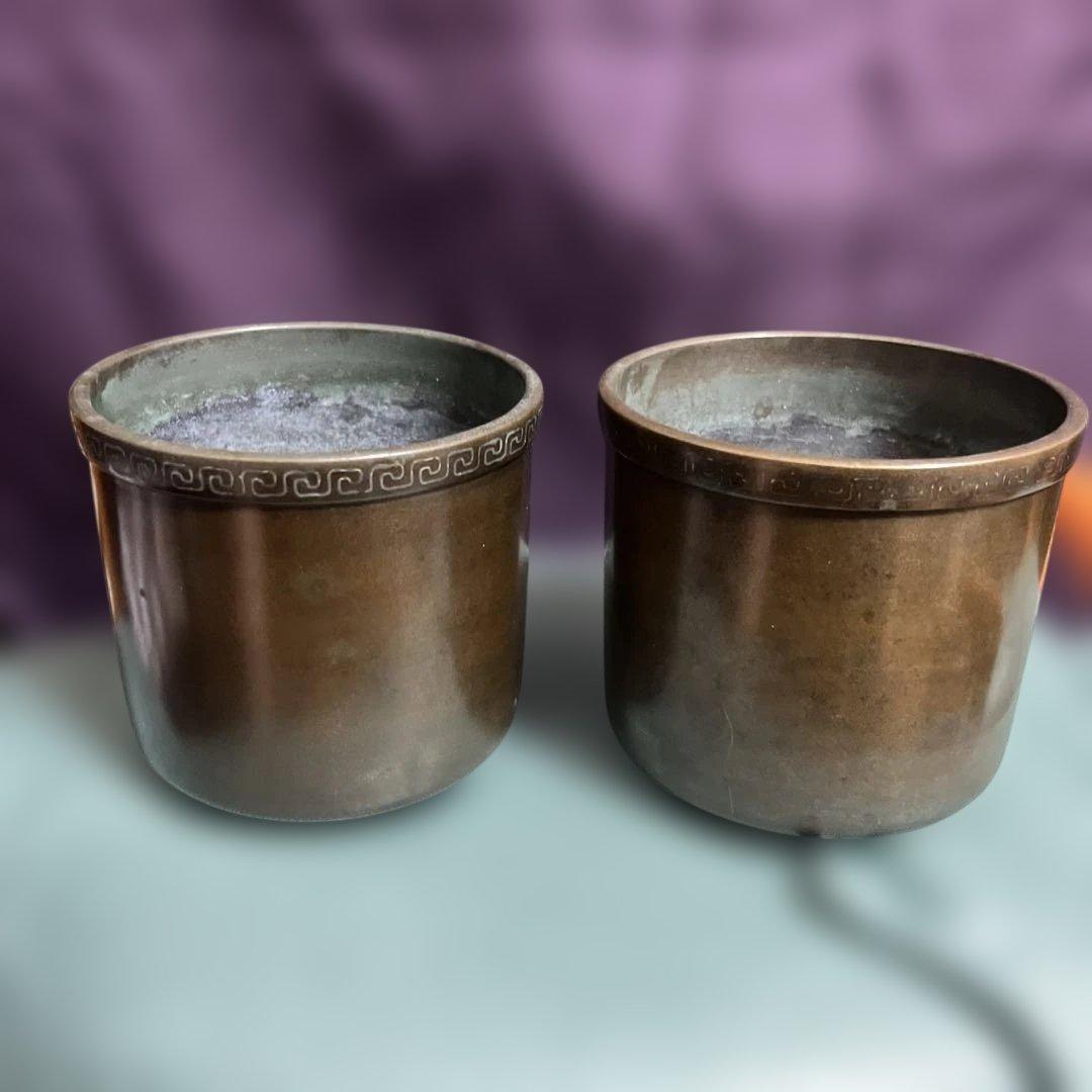 龍文堂　安之介造　銅　銀象嵌　火入　一対　箱入り　アンティーク　コレクション