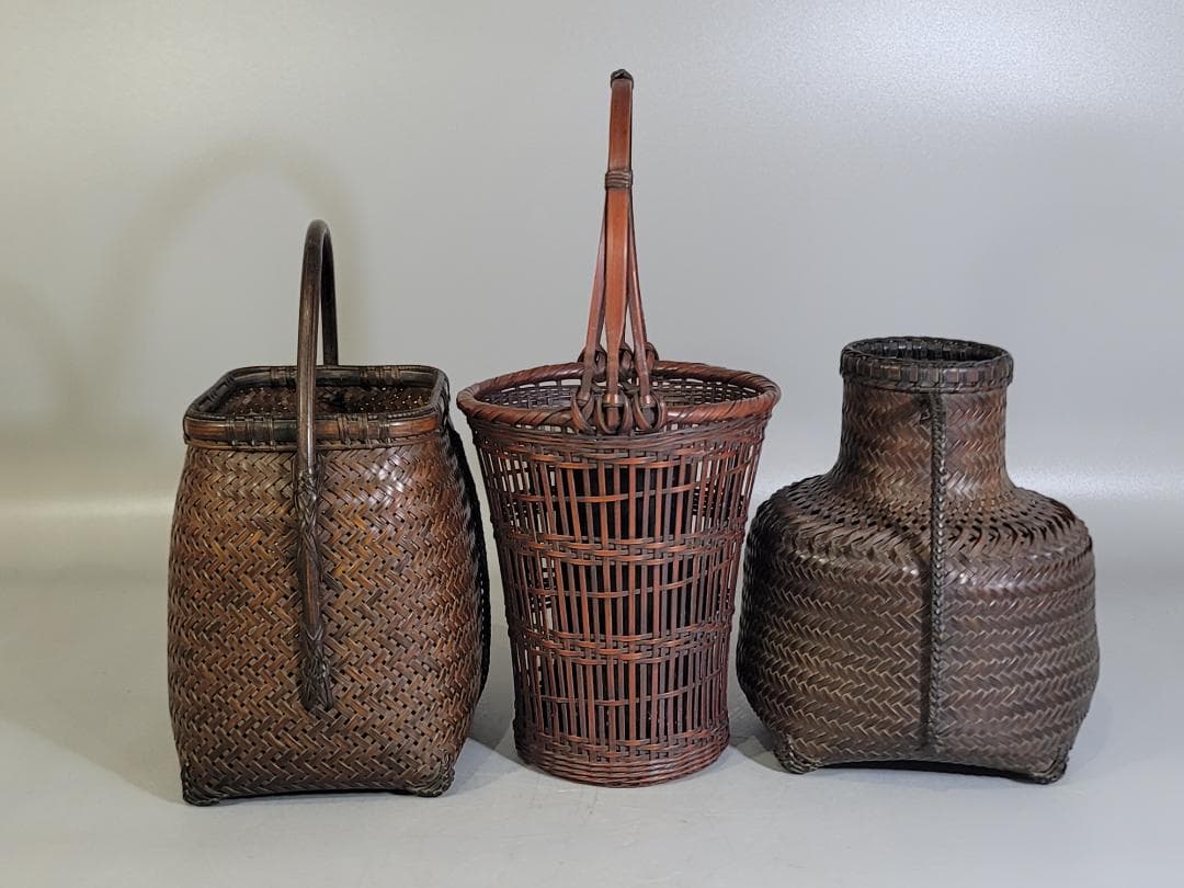竹籠 在銘 花生 時代物 三点まとめて