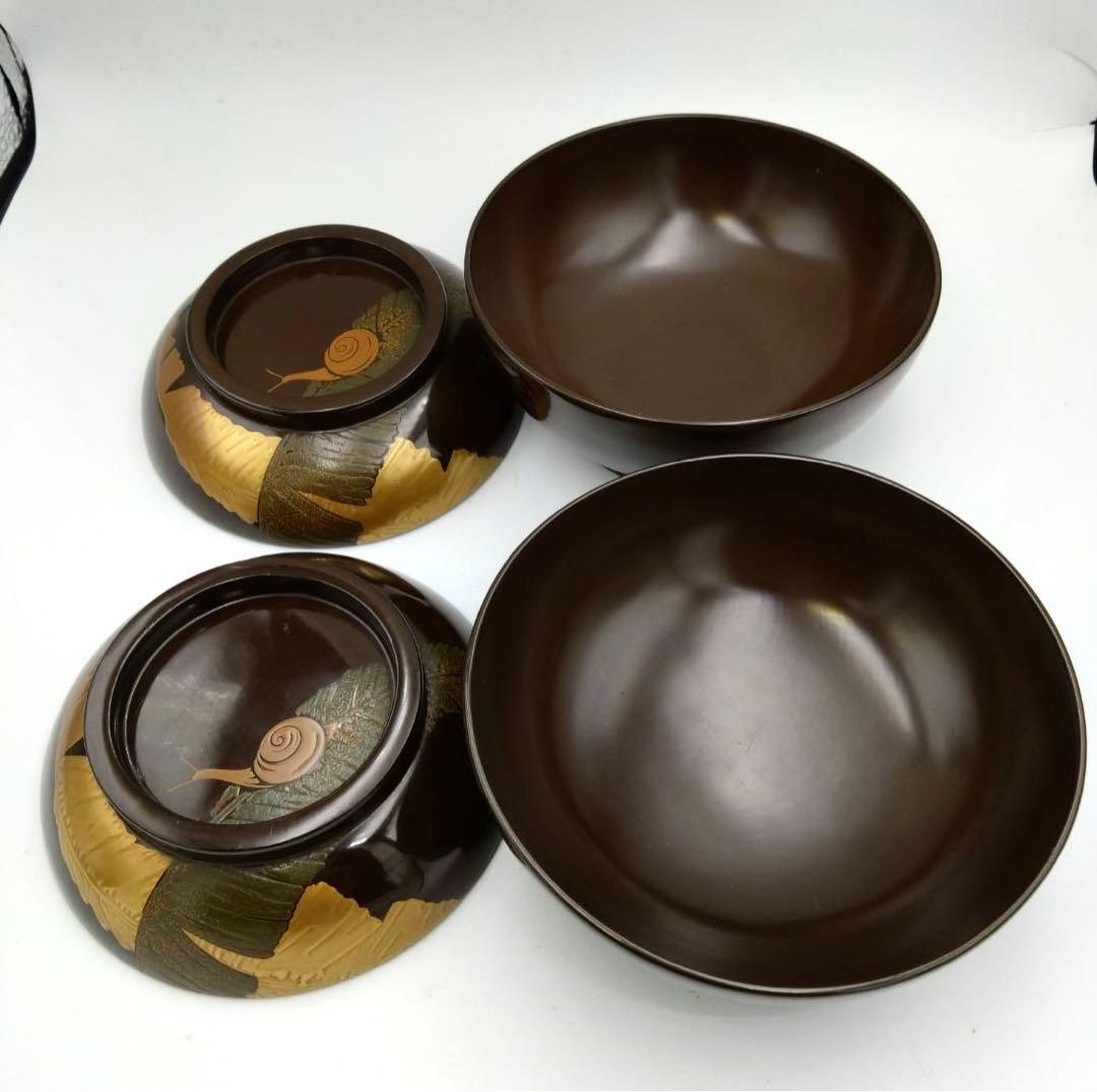 最高級 蓋付き汁椀 2客 お吸物 金漆塗 高蒔絵 芭蕉葉 蝸牛蜻蛉 アンティーク