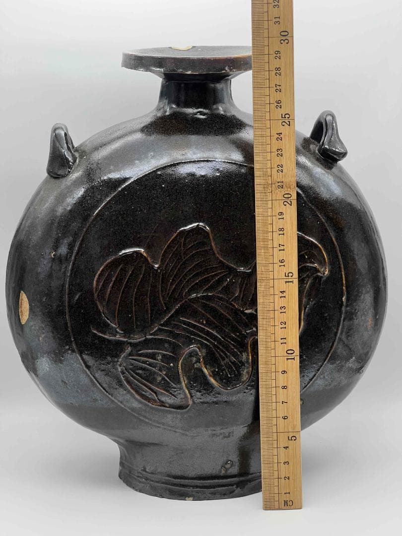 金～元時代 褐黑釉 木の葉文　大扁壺　花入　花瓶　茶道具(B-66)