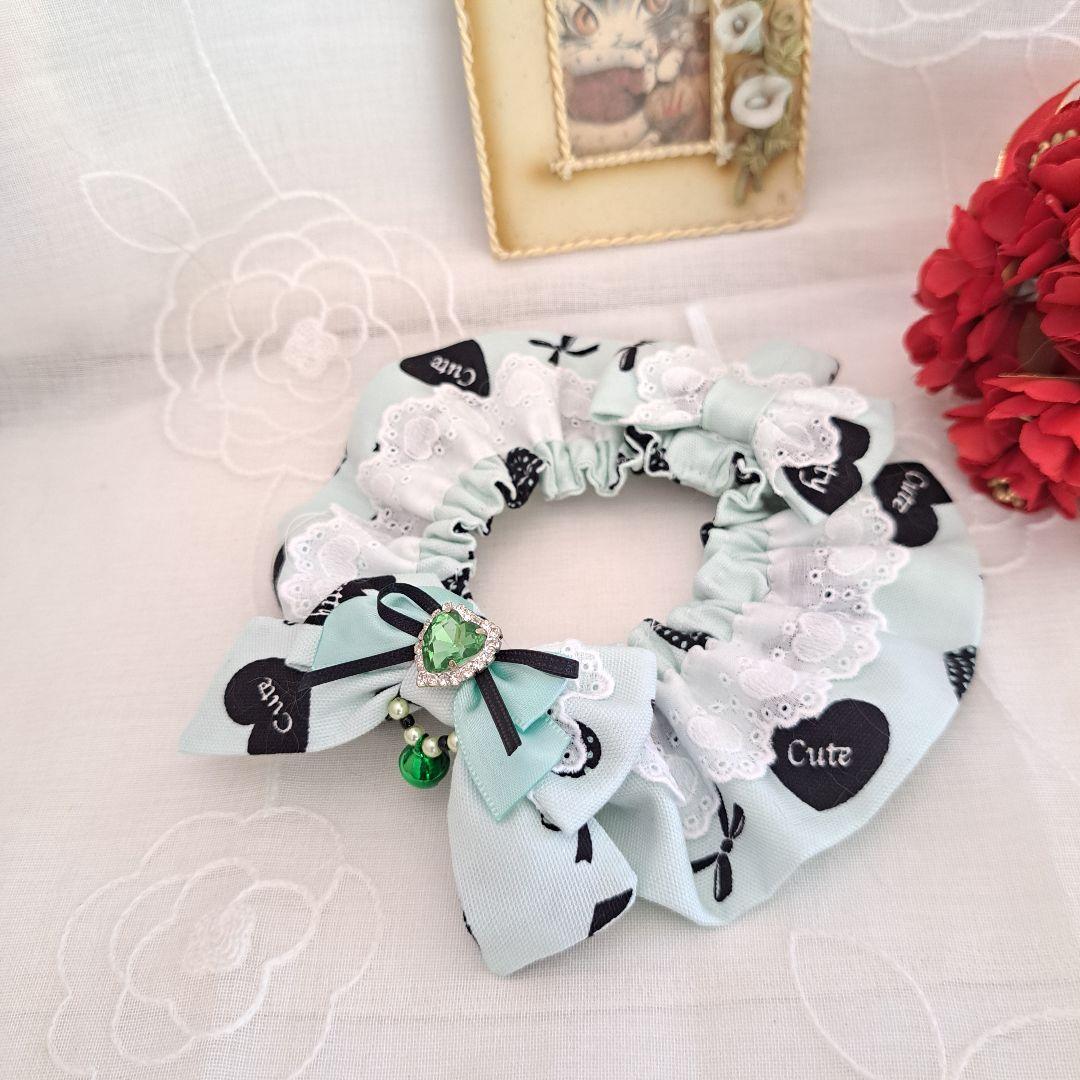 はる、幅広シュシュバレンタインハート柄(グリーン)わんちゃん猫ちゃん用