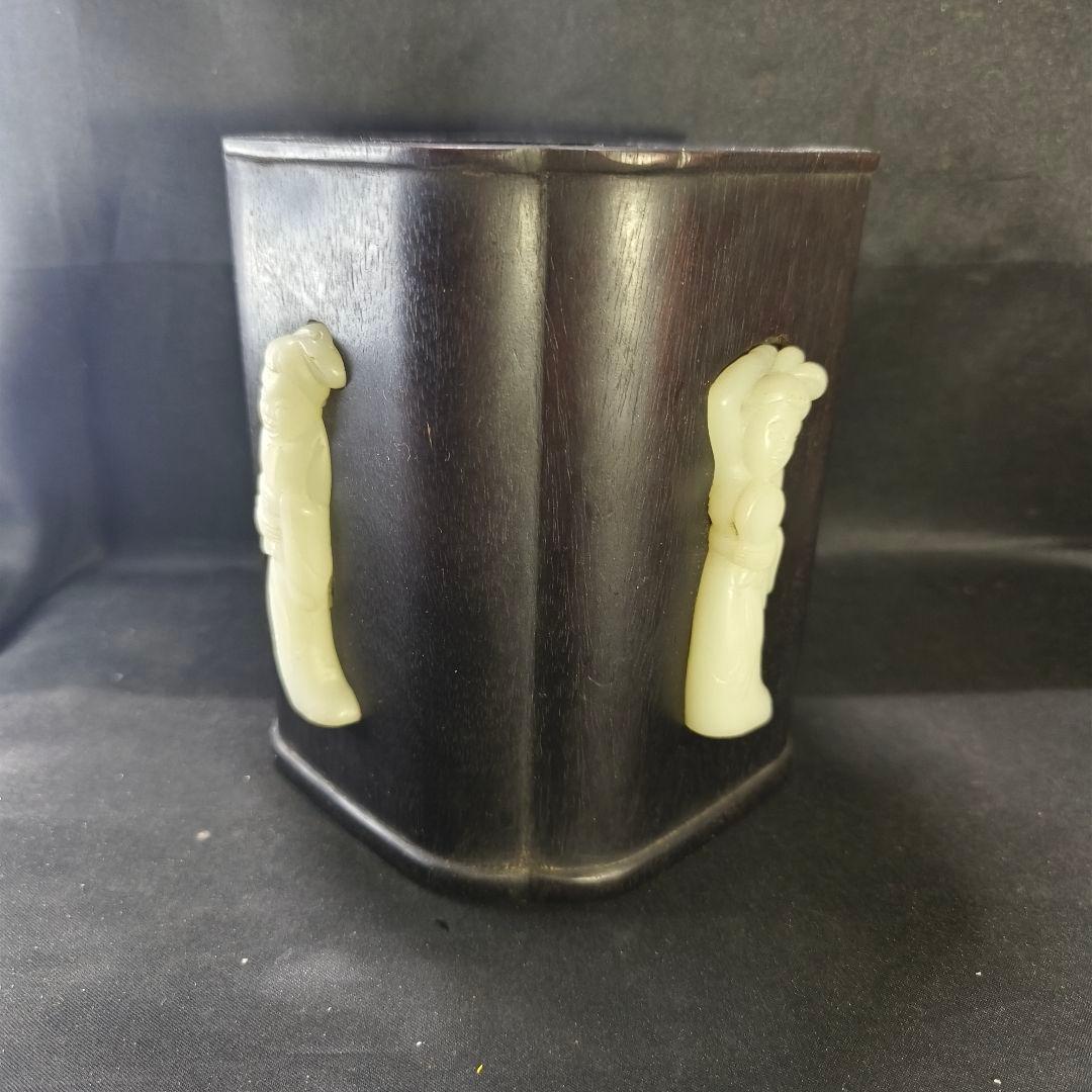 中国骨董 紫檀筆筒 白玉彫仕女図象嵌 古美術 アンティーク 旧家蔵出 蒐集家放出