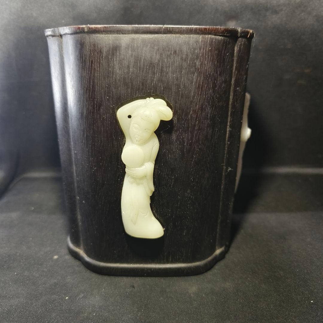 中国骨董 紫檀筆筒 白玉彫仕女図象嵌 古美術 アンティーク 旧家蔵出 蒐集家放出