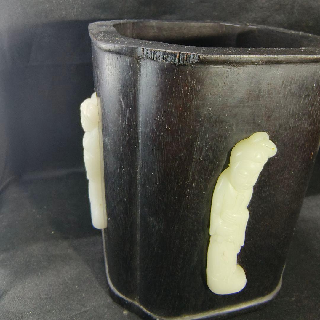 中国骨董 紫檀筆筒 白玉彫仕女図象嵌 古美術 アンティーク 旧家蔵出 蒐集家放出