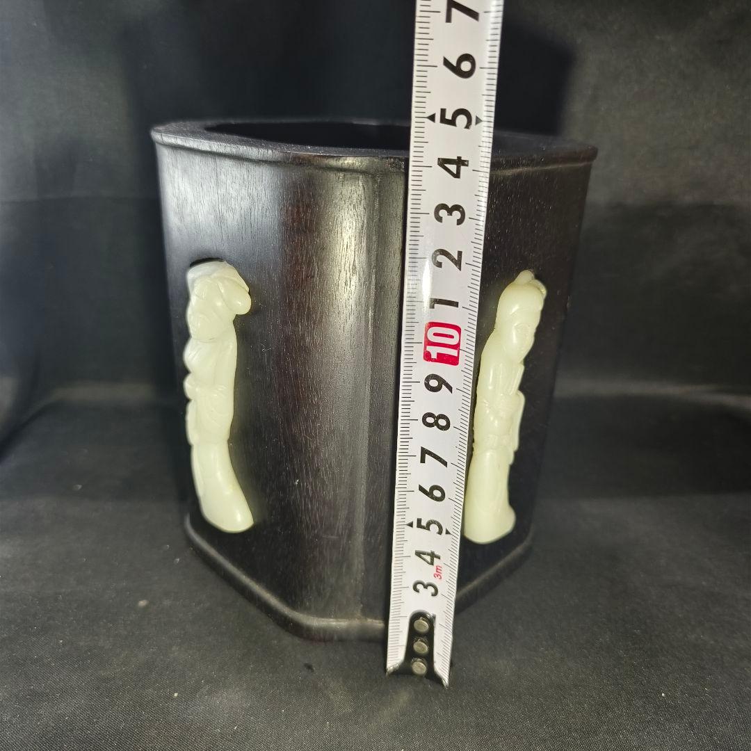 中国骨董 紫檀筆筒 白玉彫仕女図象嵌 古美術 アンティーク 旧家蔵出 蒐集家放出