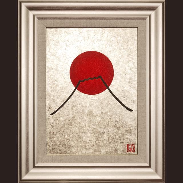 ●純プラチナ箔使用●太陽と銀の富士図がんどうあつし絵画白金シルバー富士山