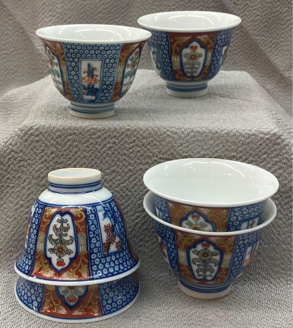 B97s  柿右衛門窯　煎茶碗 6客　松竹梅に菊図　「福」銘　箱無し