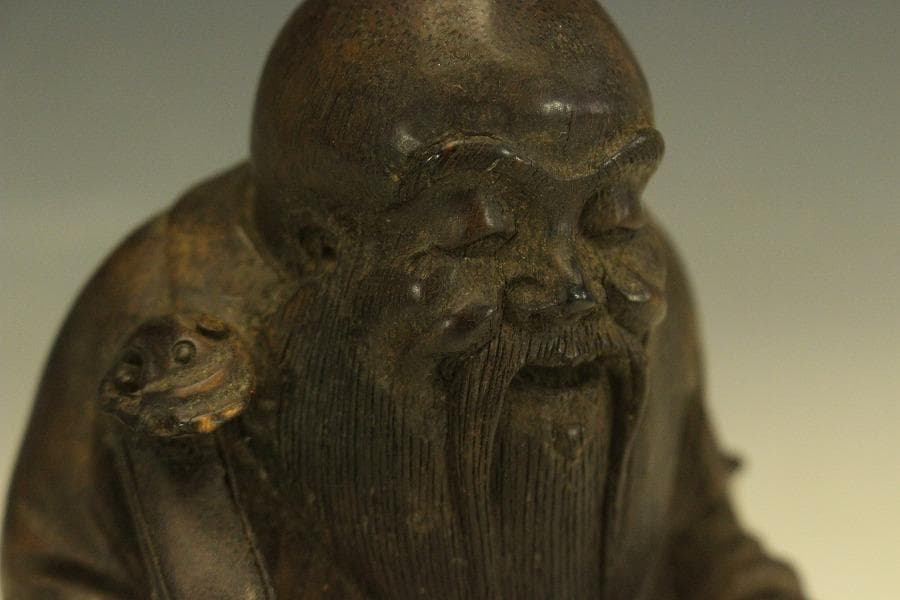 中国美術 竹根 刻 如意手 寿老人 置物 高15.8cm(A270)