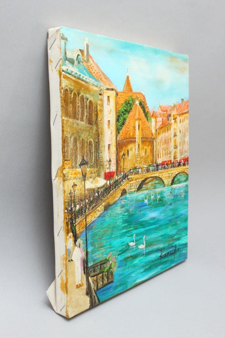 No4424 額装　鈴木久美子「湖のヴァカンス」油彩画　黄袋/畳箱付　送料無料