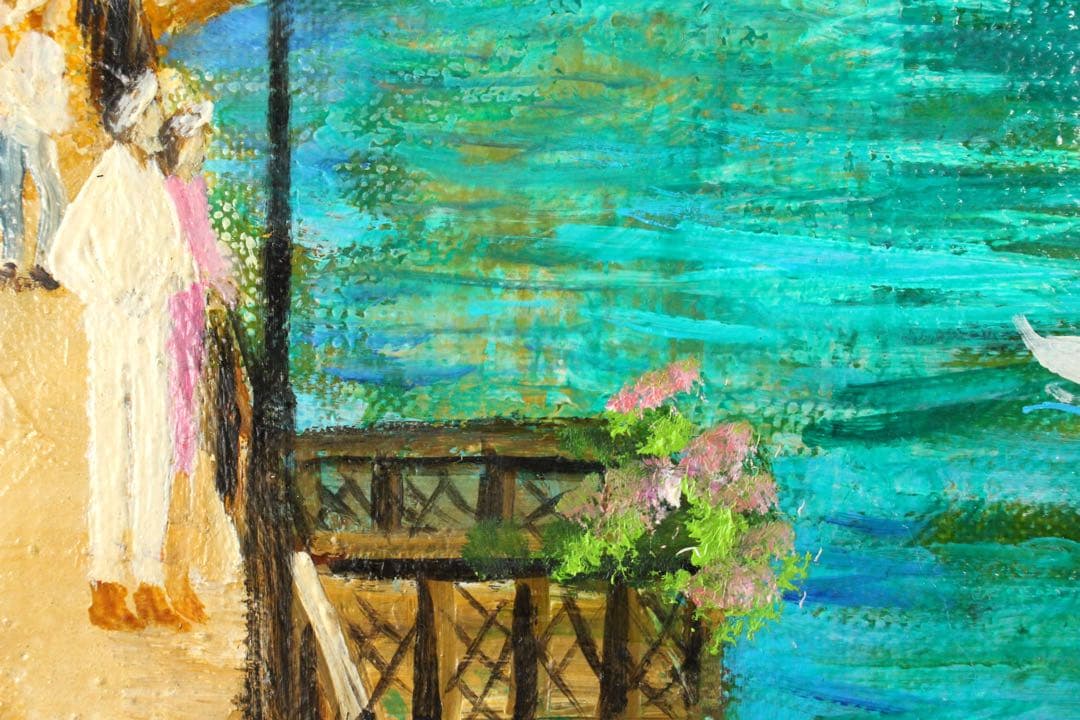 No4424 額装　鈴木久美子「湖のヴァカンス」油彩画　黄袋/畳箱付　送料無料