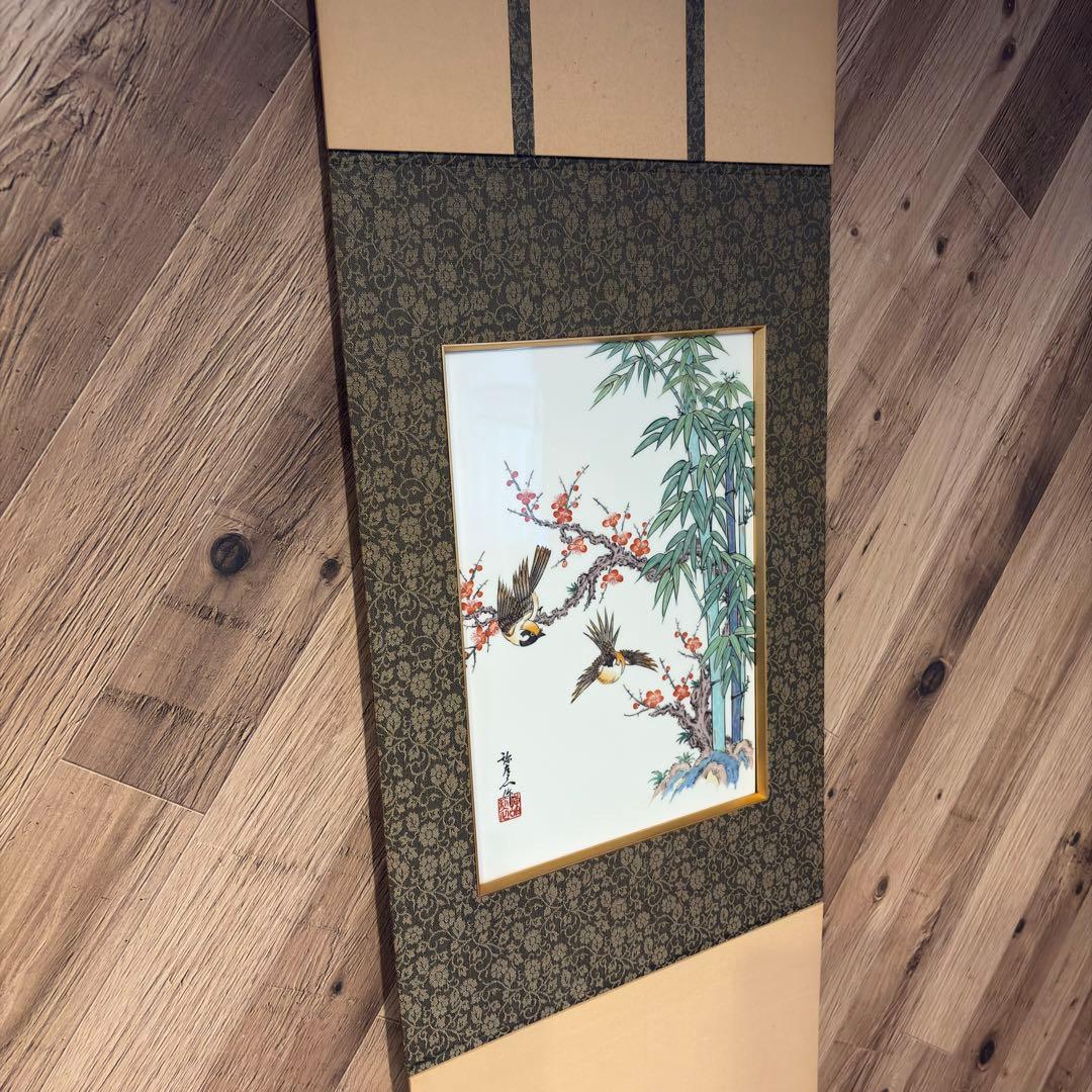 掛軸 陶磁画 応接間 玄関 茶室 書斎 装飾品 工芸品 置物 雀 鶉 梅 竹
