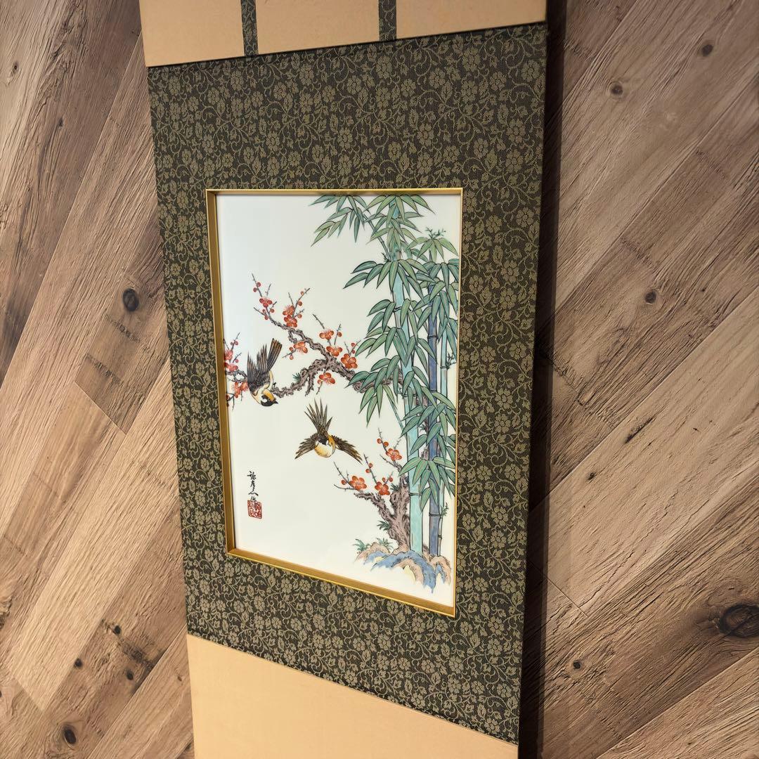 掛軸 陶磁画 応接間 玄関 茶室 書斎 装飾品 工芸品 置物 雀 鶉 梅 竹