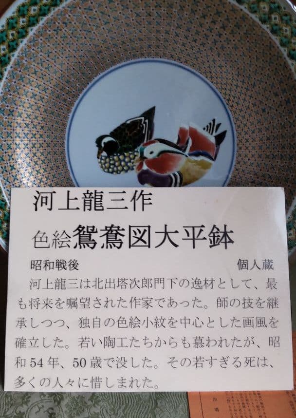 九谷大皿鴛鴦図大平鉢　幻の九谷作家河上龍三【手描き】【精緻】【小紋繋ぎ】【希少】