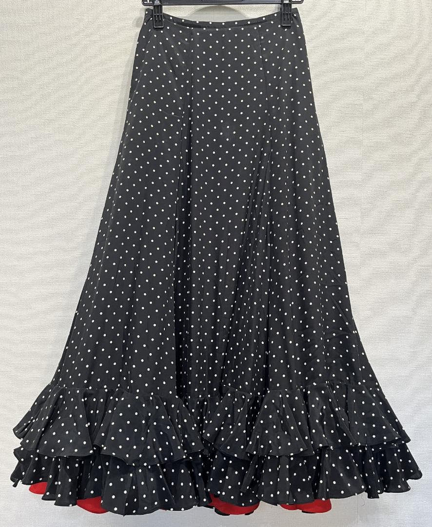 フラメンコ衣装 ツーピース ブラック×ホワイト水玉 レッドフリル