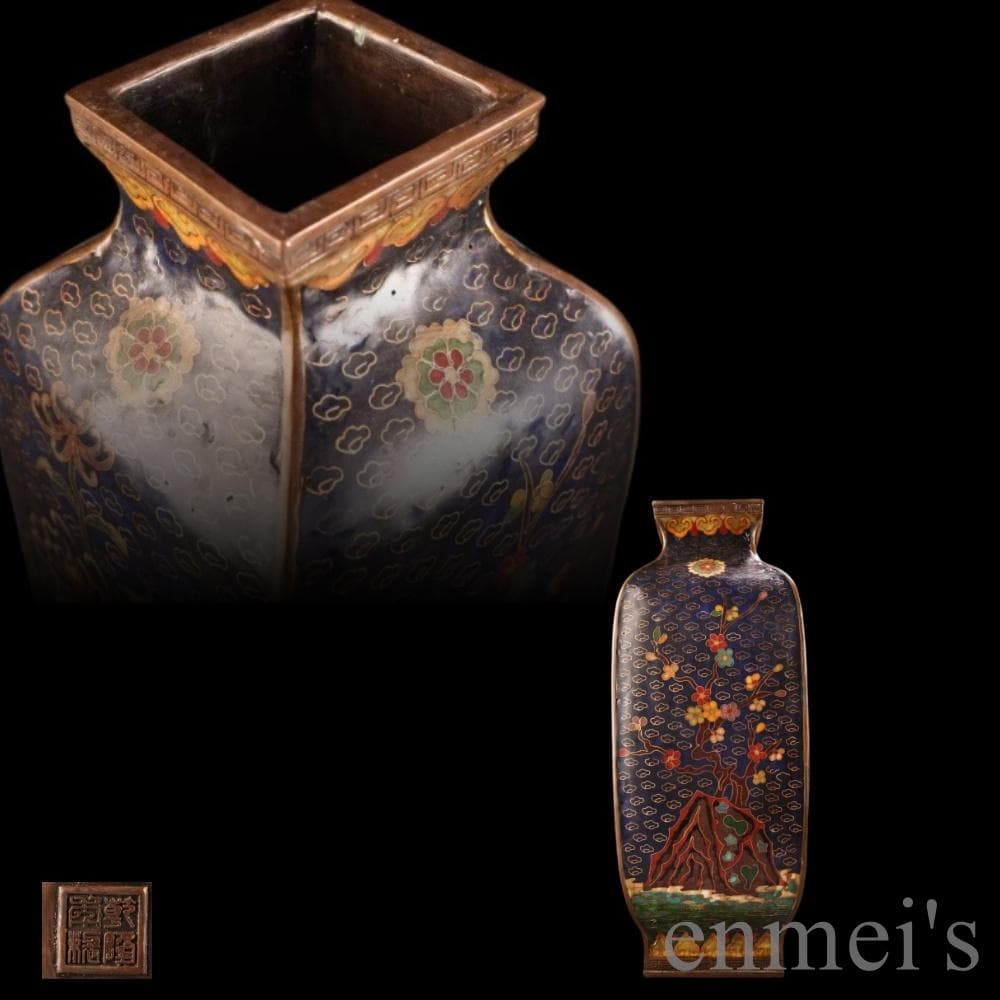 中国古美術 旧蔵 景泰藍七宝方瓶 梅・蘭・竹・菊 高浮雕鍛金 純銅 極細工 置物