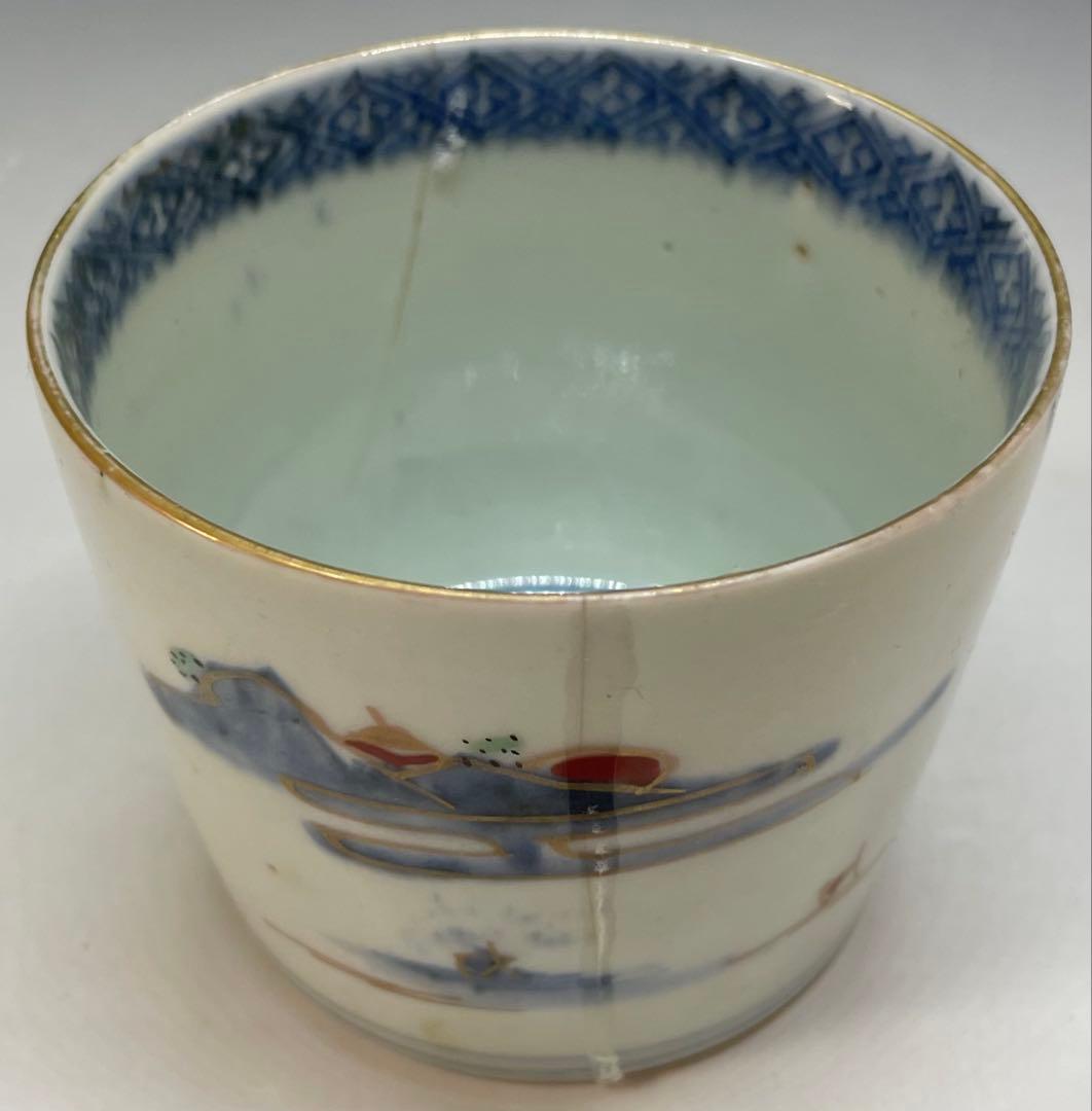 蕎麦猪口　楼閣山水図　古伊万里　切込　染錦　5客　C0095