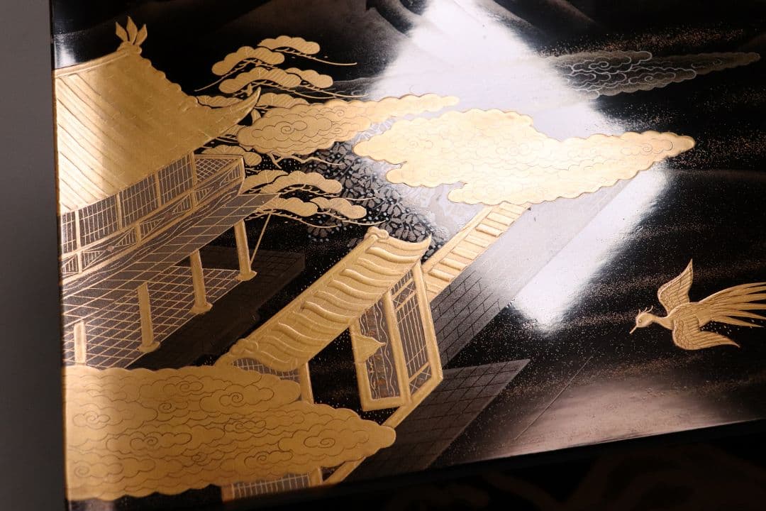 輪島塗 蒔絵師 久世宗春 山水金蒔絵 冠卓 二段卓 花台 黒塗【MA189】