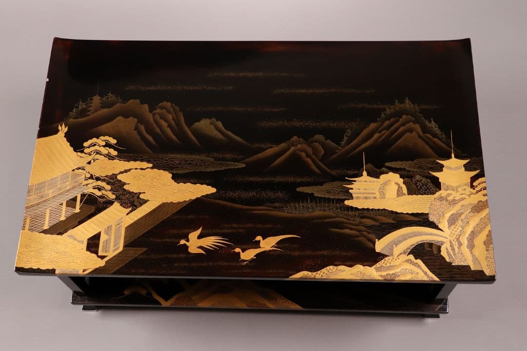 輪島塗 蒔絵師 久世宗春 山水金蒔絵 冠卓 二段卓 花台 黒塗【MA189】