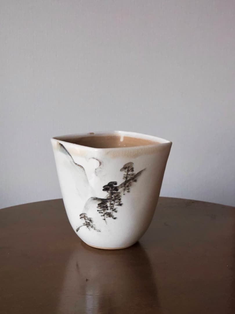 阿漕窯　水墨色絵　水指　陶磁工芸　箱付　資料付　茶道具Q2344