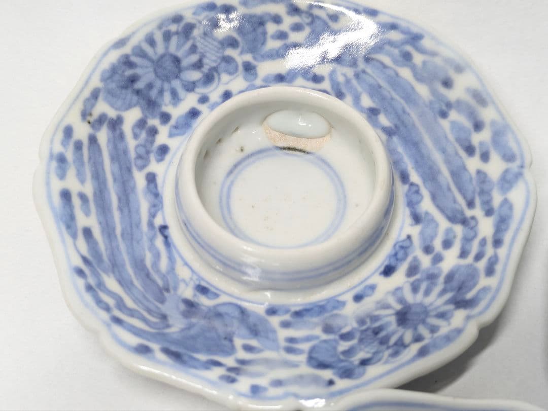 鳳樹軒 文平 造 染付 鳳凰花唐草文 輪花形 盃台 六客 酒器