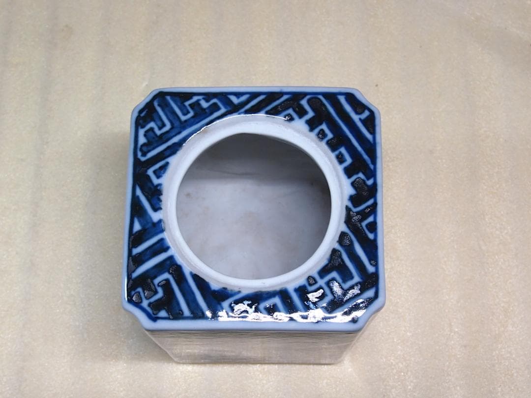 【未使用】九谷焼 九谷陶香作 角福 福寿 香炉 染付 人物/小紋 茶道具/香道具