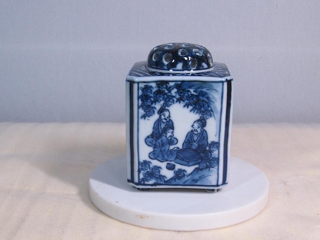 【未使用】九谷焼 九谷陶香作 角福 福寿 香炉 染付 人物/小紋 茶道具/香道具