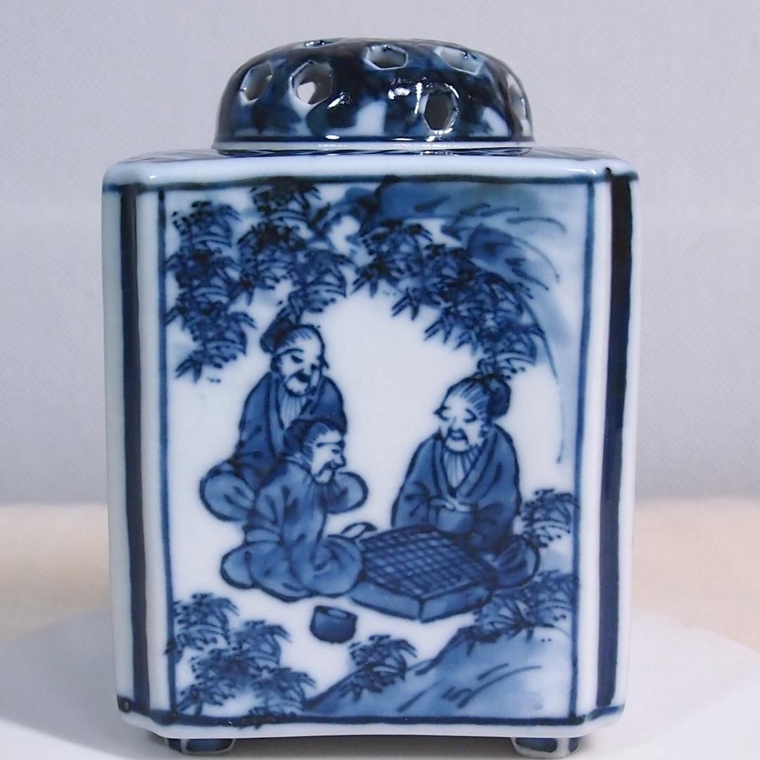 【未使用】九谷焼 九谷陶香作 角福 福寿 香炉 染付 人物/小紋 茶道具/香道具