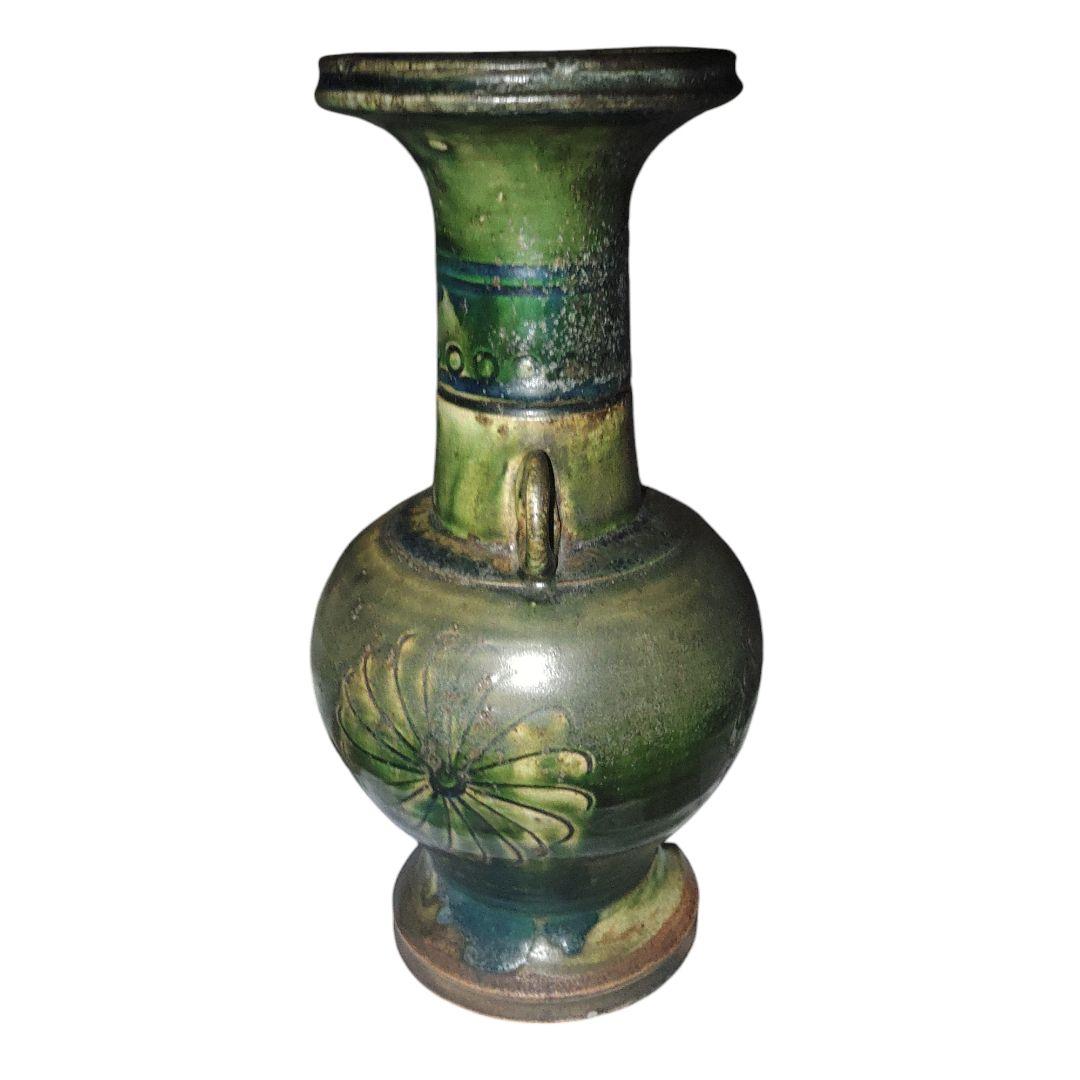 古瀬戸　青織部　印花文盤口花瓶　骨董品