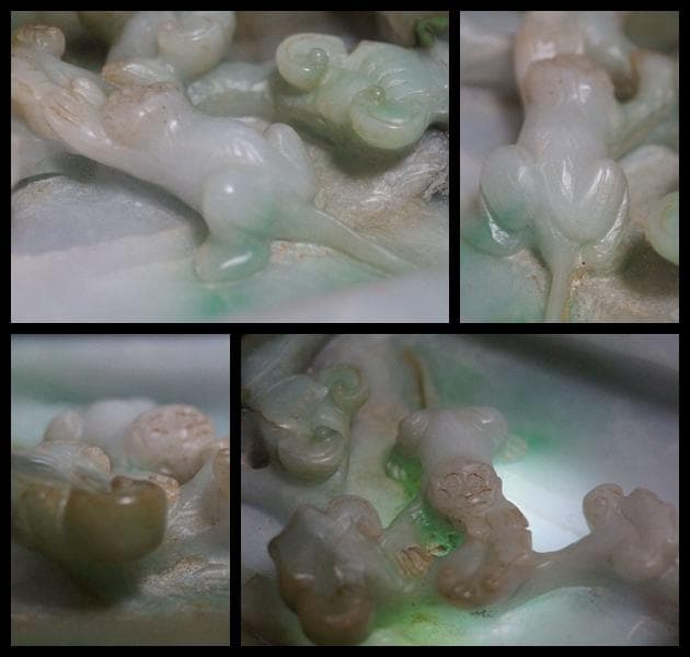 清 古色天然翡翠 ヒスイ 細工刳り貫き彫り『祥瑞霊芝文と猿之図 』置物硯屏