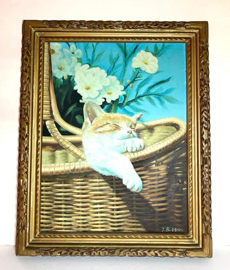 油彩画 バスケットで眠る猫 肉筆 大型豪華フレーム 縦80cm横65cm