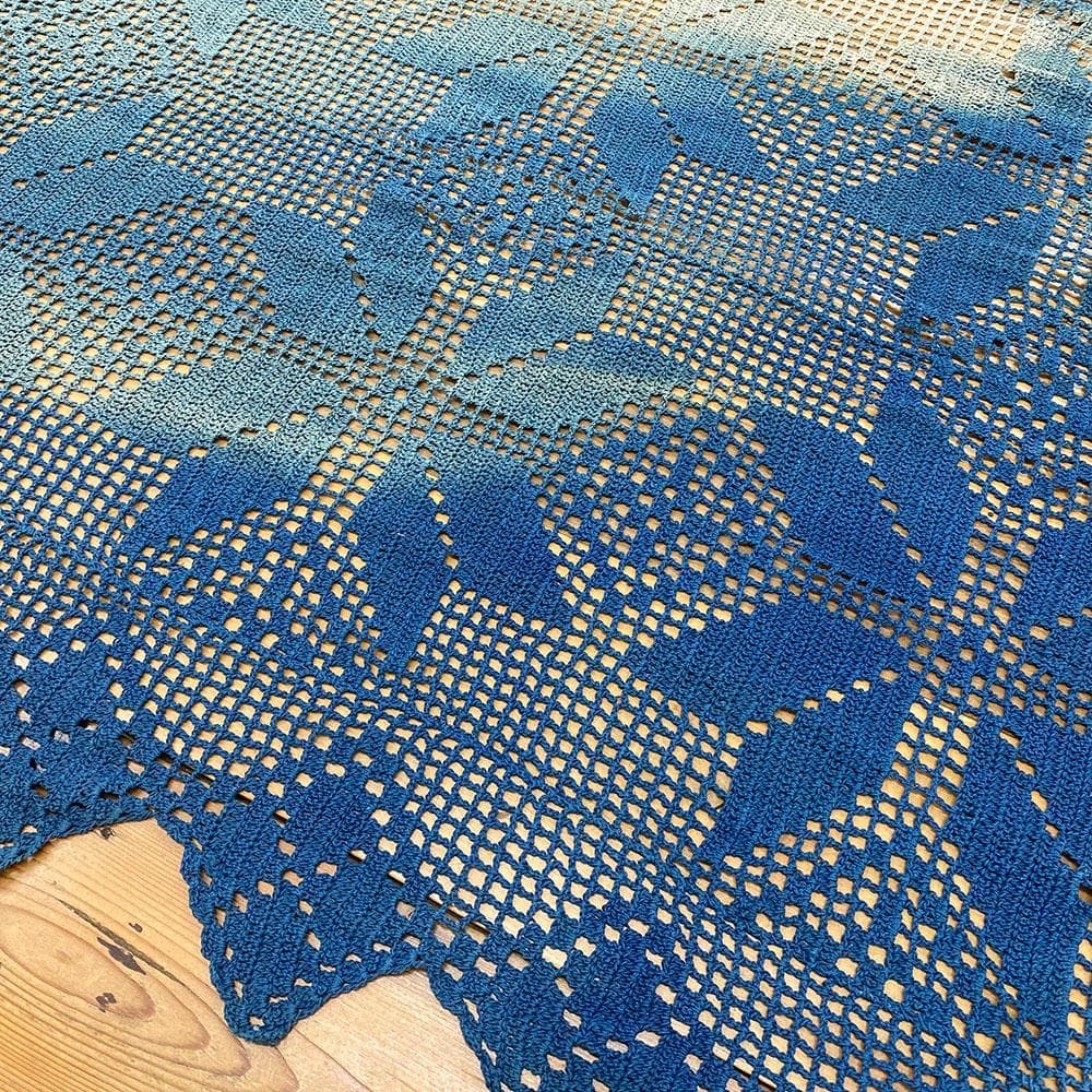 希少 特大 アンティーク ヴィンテージ 藍染め レース クロス カバー フランス