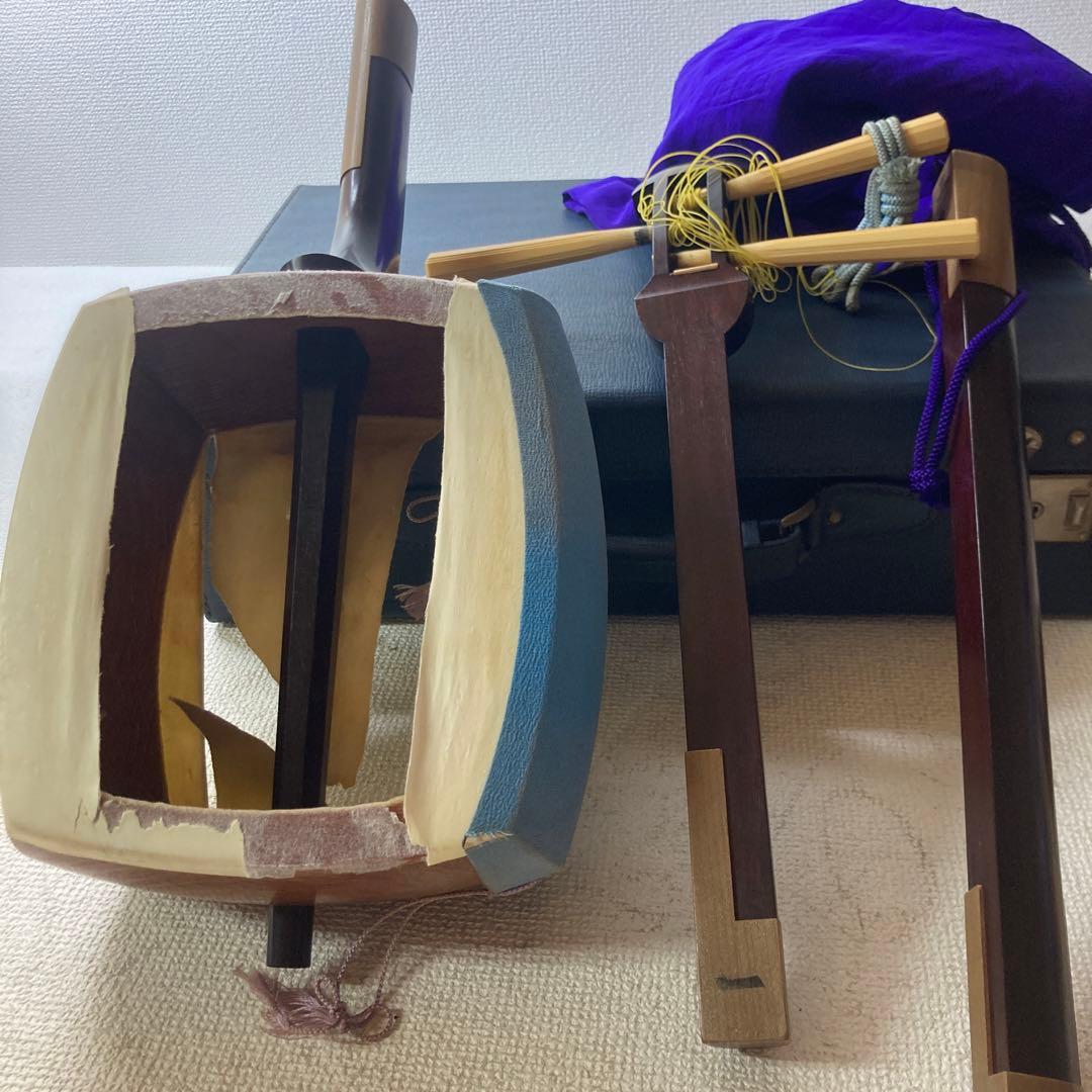 三味線 茶色 青 付属品あり　皮破れてます