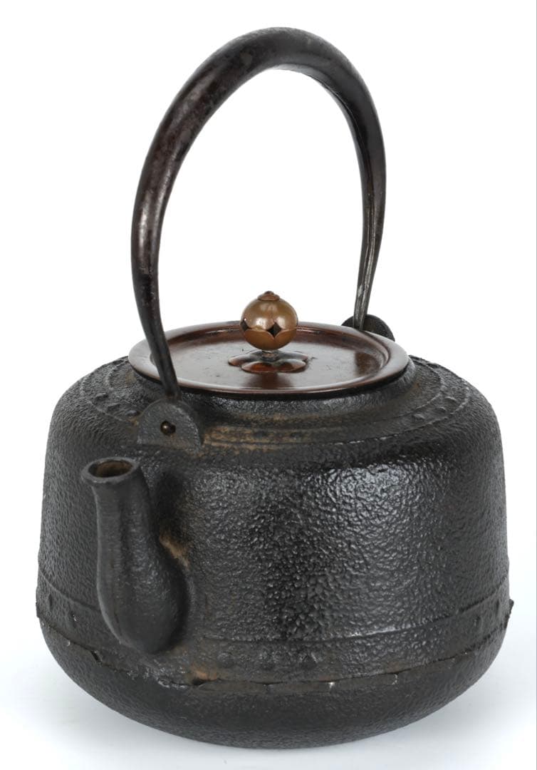 【時代鉄瓶】班柴銅蓋 累座紋 萬代屋形鉄瓶 茶道具 湯沸 古鉄瓶 古美術 骨董品