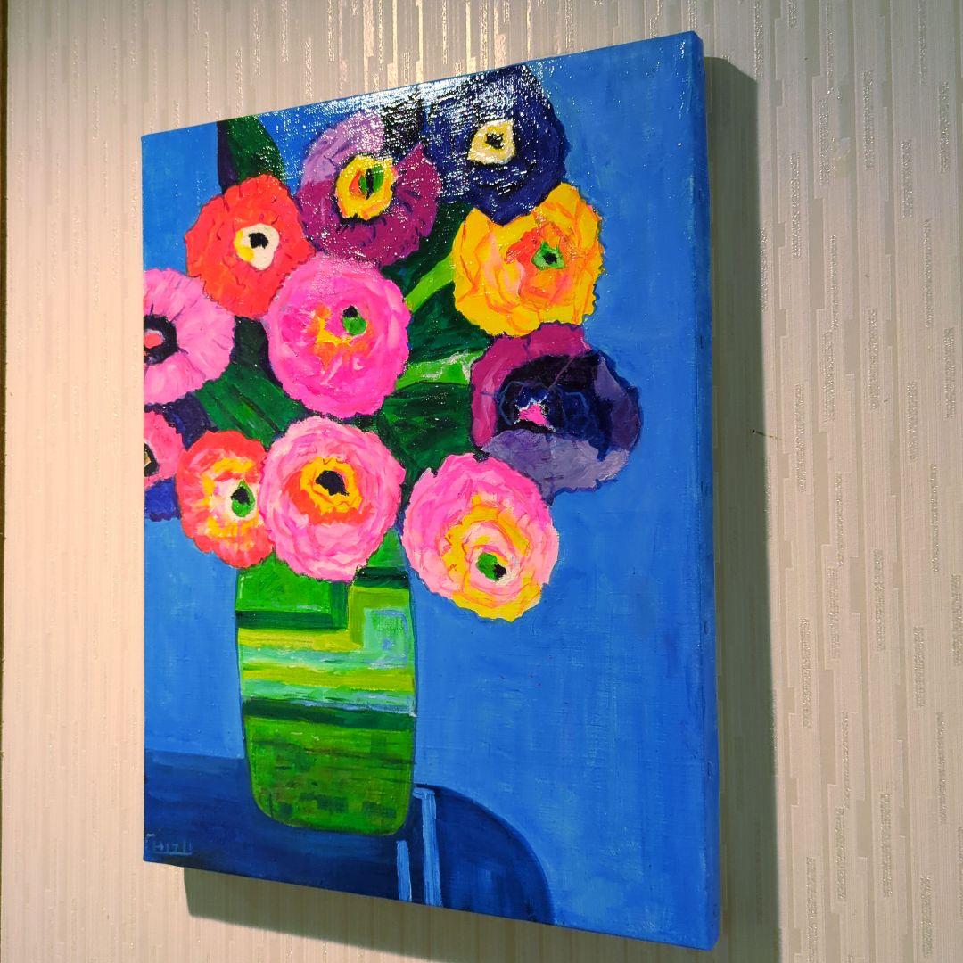 キャンバス油絵　専用　カラフルなお花をたくさん入れた花瓶 happy!