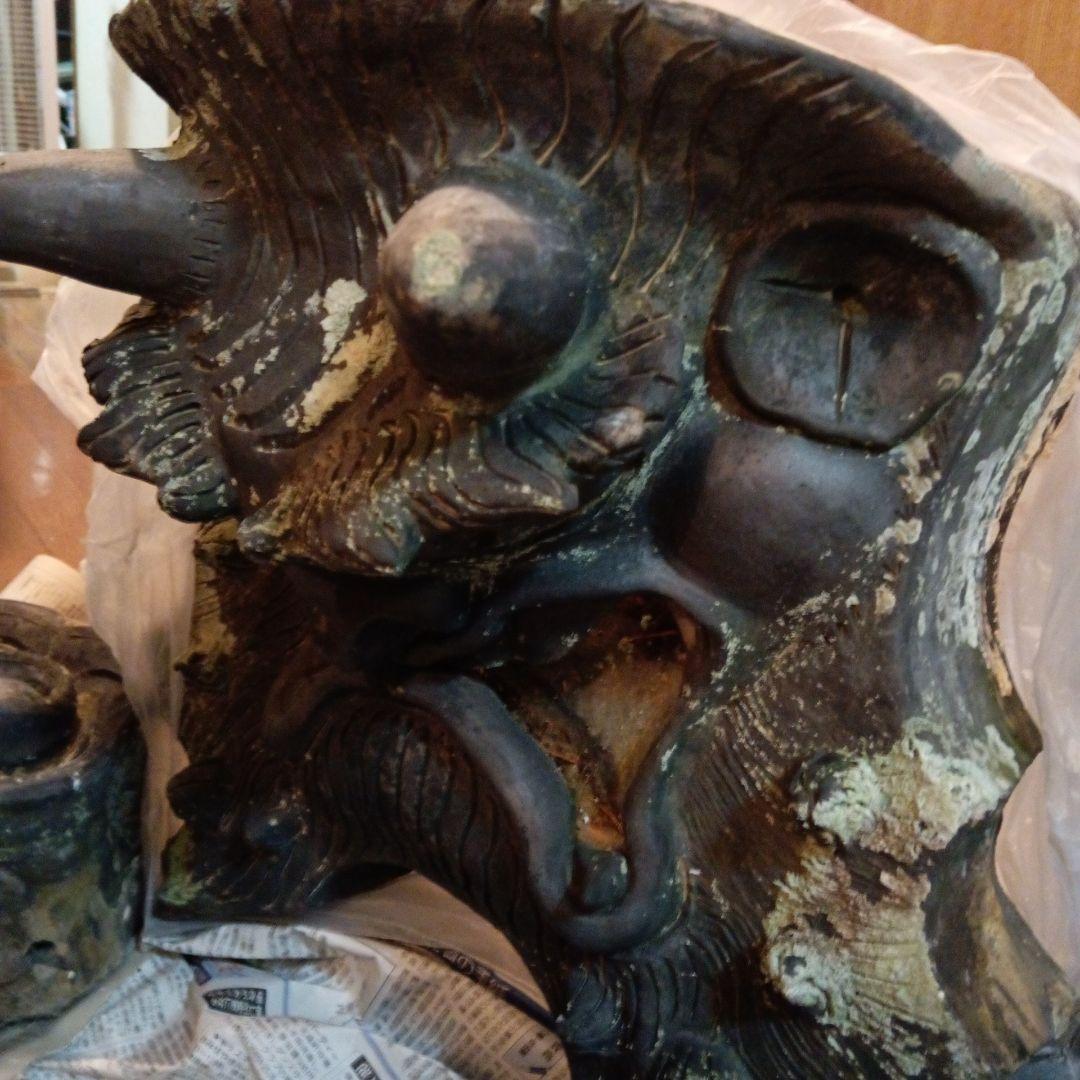 江戸時代中期頃超特大サイズ極稀少レア鬼師超絶技巧造寺社屋根大棟魔除け鬼瓦当時物