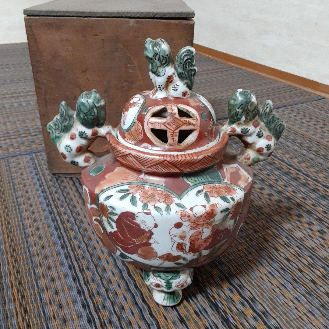 古い伊万里赤絵九谷焼香炉/江戸唐子狛犬薩摩十字角福小槌三足耳付/瓔珞緑釉窓絵箱入