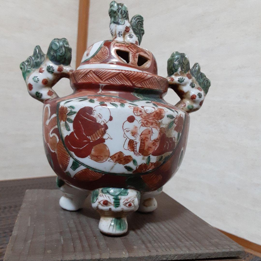 古い伊万里赤絵九谷焼香炉/江戸唐子狛犬薩摩十字角福小槌三足耳付/瓔珞緑釉窓絵箱入