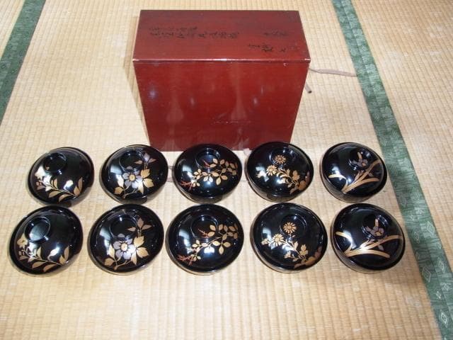 1870年頃 購入時16万◆橘屋友七作 金銀草花蒔絵 黒塗仙才丸吸物椀 10客