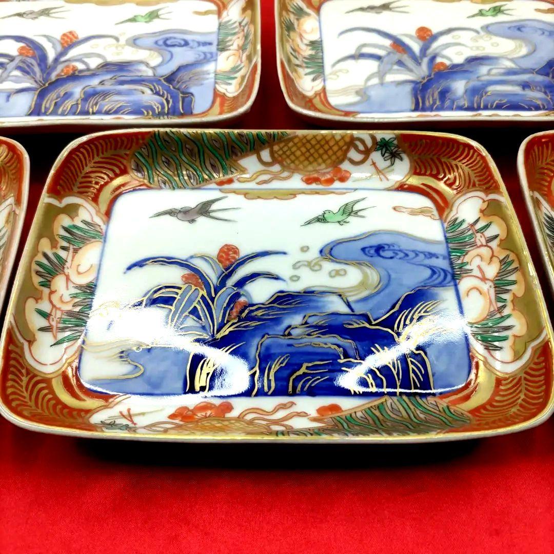 有田焼　伊万里焼　古伊万里　金彩　色絵　小皿　角皿　長角皿　刺し身皿5客セット③