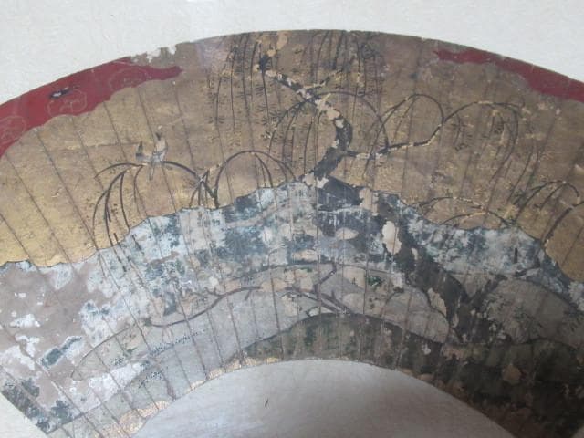 美品 江戸初期1600年頃 額装◆狩野派 狩野永徳 狩野尚信『梅に鳥』扇 大和絵