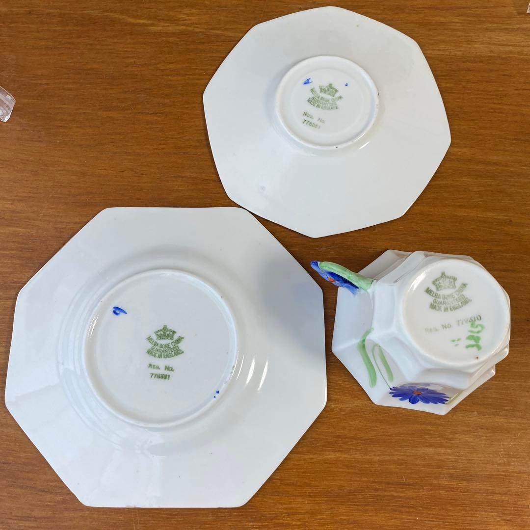 メルバ　ブルーフラワー　フラワーハンドル　カップ　ソーサー　プレート　トリオ