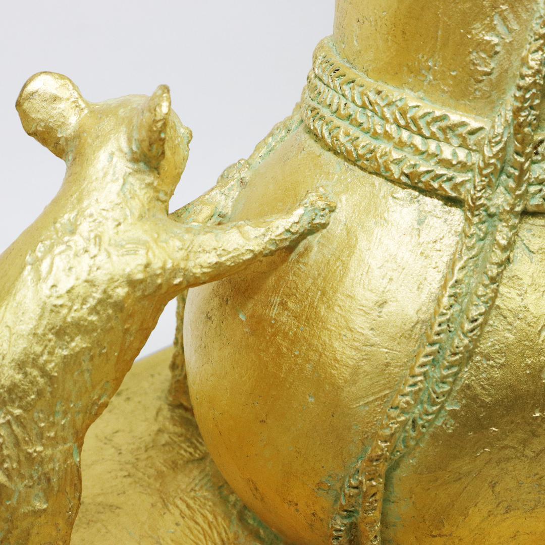 壽　富永直樹 ブロンズ 金箔仕上 鼠 瓢箪 台座 共箱 冊子 寿 置物