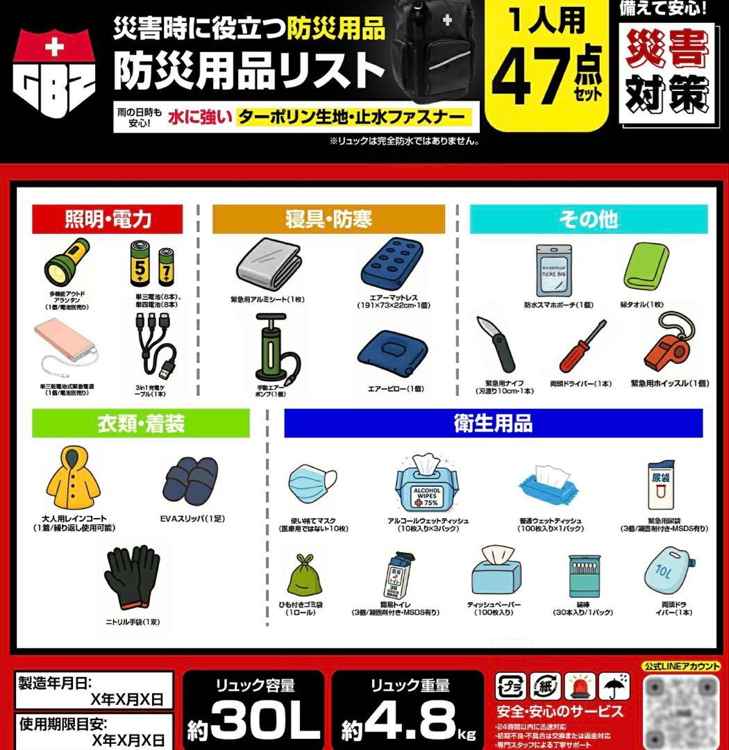 【新品】防災リュック 防災士監修 非常用持ち出しセット 47点セット 1人用