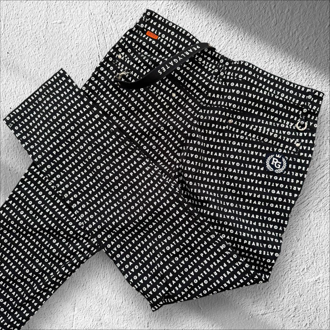 現行モデル　パーリーゲイツ　パンツ　総柄　黒　白　XL〜XXL相当 ストラップ付