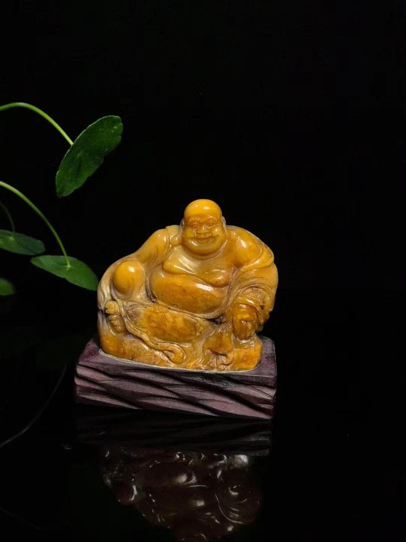 中国古美術・弥勒仏の印鑑・寿山石の金田黄石印章・置物・純手彫り・風水開運・文房具