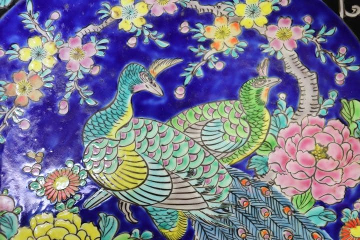時代　粉彩大皿　孔雀牡丹　送料込み1124