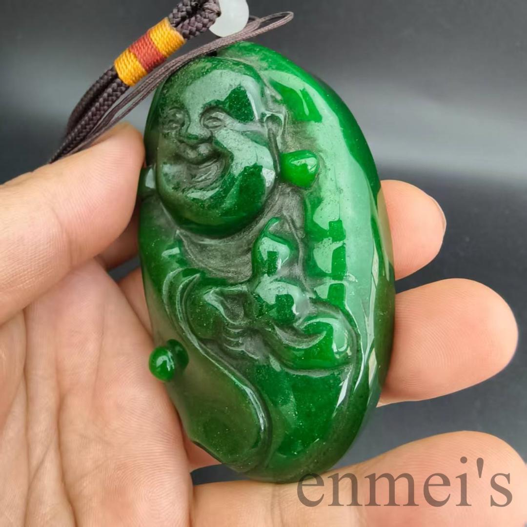中国古美術 ミャンマー 満緑 翡翠 招財仏 把玩件 手工細彫 古玉 ペンダント